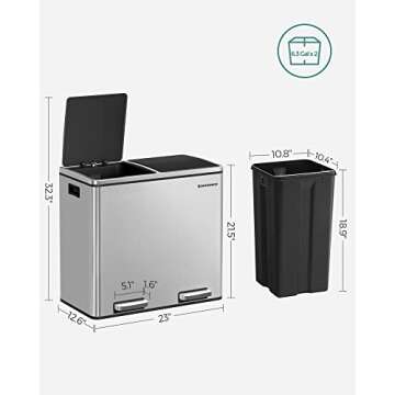SONGMICS Trash Can, 2 x 6.3-Gallon (2 x 24L) Dual Garbage Can, Pedal Recycle Bin with Lids and Inner Buckets for Small Kitchens, Stainless Steel, Soft Closure, Airtight, Silver ULTB48NL