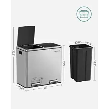 SONGMICS Trash Can, 2 x 6.3-Gallon (2 x 24L) Dual Garbage Can, Pedal Recycle Bin with Lids and Inner Buckets for Small Kitchens, Stainless Steel, Soft Closure, Airtight, Silver ULTB48NL