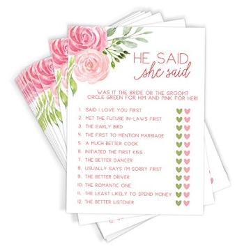 Printed Party Bridal Shower Games – He Said She Said Game with Fun Bride and Groom Trivia, Wedding...