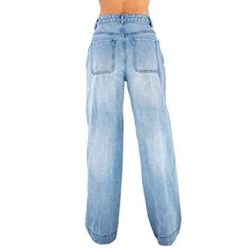 Women's Y2K Fashion Baggy Jeans Straight High Waist Wide Leg Loose Fit Boyfriend Denim Jeans Blue