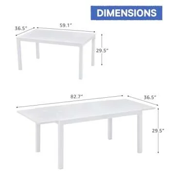Soleil Jardin Aluminum Patio Extendable Dining Table, 59" - 83", Adjustable Indoor Outdoor Furniture Rectangle Table for 6-8 Person Porch Deck Garden, White