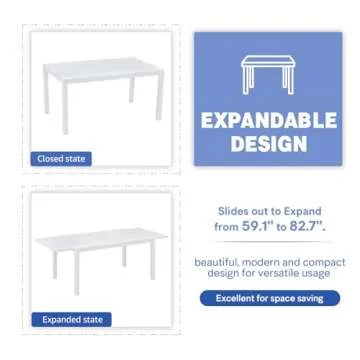 Soleil Jardin Aluminum Patio Extendable Dining Table, 59" - 83", Adjustable Indoor Outdoor Furniture Rectangle Table for 6-8 Person Porch Deck Garden, White