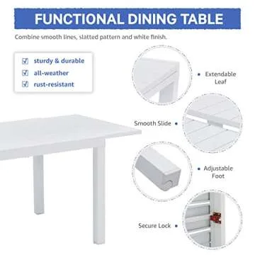 Soleil Jardin Aluminum Patio Extendable Dining Table, 59" - 83", Adjustable Indoor Outdoor Furniture Rectangle Table for 6-8 Person Porch Deck Garden, White