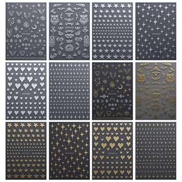 JMEOWIO 12 Sheets Moon Star Nail Art Stickers Decals Self-Adhesive Pegatinas Uñas Gold Silver Nail ...
