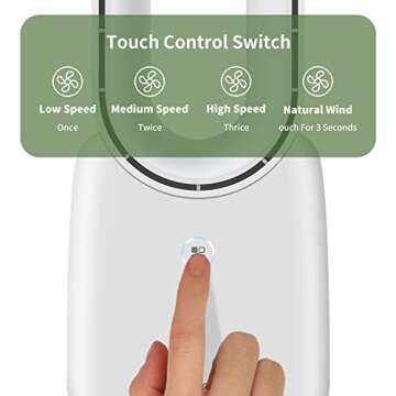 Misby Rechargeable Battery Operated Desk Fan, USB Bladeless Table Fan of 11.8 Inch with 5-color LED Light, Easy to Clean & Touch Control, White Desk Fans Small Quiet for Bedroom, Home, Office