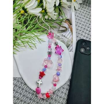 Meefisher Hot Pink Butterfly Y2K Beaded Phone Charm Bear Cute Charms Cell Phone Lanyard Strap Handmade Acrylic Flower Wrist Beads Chain Sweet Gifts for Girls Women (hot pink)