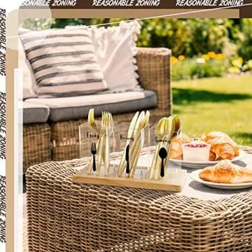 Meanplan Acrylic Utensil Organizer for Countertop Clear Silverware Caddy Countertop Spoon and Fork Holder Flatware Caddy Cutlery Holder with Wooden Tray for Kitchen Storage, Dining Room (Rectangle)