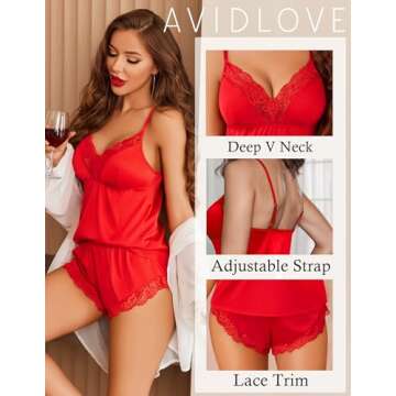 Avidlove Satin Pajamas Women's Cami Sleepwear Soft Silk Loungewear Pjs Shorts Set Red Medium