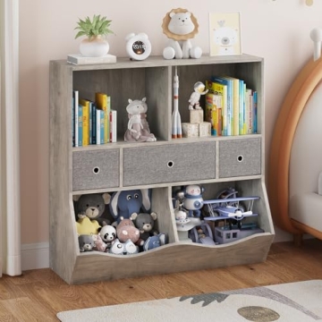IDEALHOUSE Kids Bookshelf and Toy Storage Organizer with 3 Movable Drawers, Floor Storage Cabinet To...