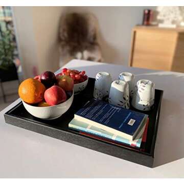 OVALGARD Black Ash Wood Serving Tray with Handles, Extra Large Size for Household Plates 19.7 x 15.7 x 2