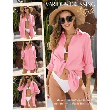 VXVGER Swimsuit Coverup for Women Casual V Neck Bathing Suit Cover Ups Button Down Beach Bikini Swimwear Cover up Dress Shirt(Pink,L)