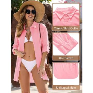 VXVGER Swimsuit Coverup for Women Casual V Neck Bathing Suit Cover Ups Button Down Beach Bikini Swimwear Cover up Dress Shirt(Pink,L)