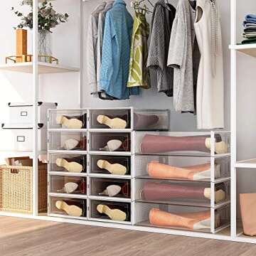 WAYTRIM Stackable Boots Storage Box,8 Pack Foldable Boots Box Organizer and Storage Boots box Clear ...