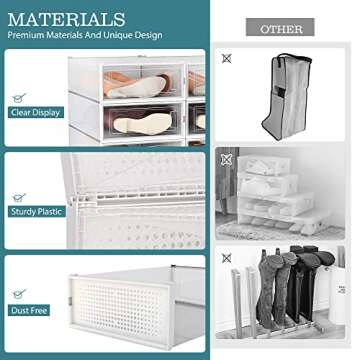 WAYTRIM Stackable Boots Storage Box,8 Pack Foldable Boots Box Organizer and Storage Boots box Clear Plastic Storage Bins Shoe Container Drop Front Shoe Drawers For Boots,White