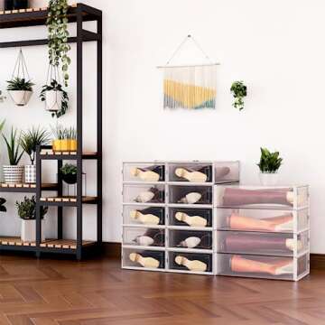 WAYTRIM Stackable Boots Storage Box,8 Pack Foldable Boots Box Organizer and Storage Boots box Clear Plastic Storage Bins Shoe Container Drop Front Shoe Drawers For Boots,White