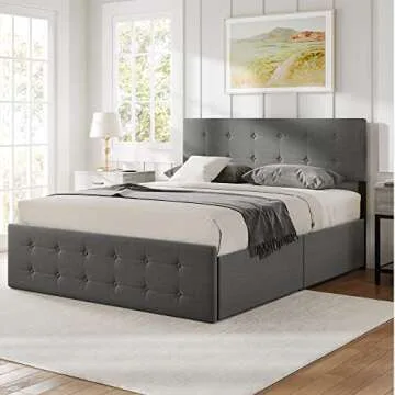 Alkmaar Queen Size Platform Bed Frame with 4 Storage Drawers,Grey Queen Size Upholstered Platform Bed Frame with Headboard and Wooden Slats Support No Box Spring Needed (Queen)