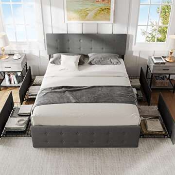 Alkmaar Queen Size Platform Bed Frame with 4 Storage Drawers,Grey Queen Size Upholstered Platform Bed Frame with Headboard and Wooden Slats Support No Box Spring Needed (Queen)