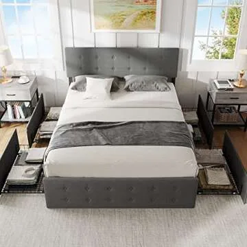Alkmaar Queen Size Platform Bed Frame with 4 Storage Drawers,Grey Queen Size Upholstered Platform Bed Frame with Headboard and Wooden Slats Support No Box Spring Needed (Queen)