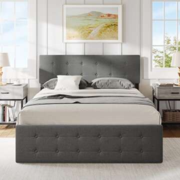 Alkmaar Queen Size Platform Bed Frame with 4 Storage Drawers,Grey Queen Size Upholstered Platform Bed Frame with Headboard and Wooden Slats Support No Box Spring Needed (Queen)
