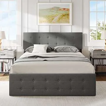 Alkmaar Queen Size Platform Bed Frame with 4 Storage Drawers,Grey Queen Size Upholstered Platform Bed Frame with Headboard and Wooden Slats Support No Box Spring Needed (Queen)