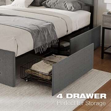 Alkmaar Queen Size Platform Bed Frame with 4 Storage Drawers,Grey Queen Size Upholstered Platform Bed Frame with Headboard and Wooden Slats Support No Box Spring Needed (Queen)