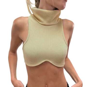 KMBANGI Women Sleeveless Mock Turtleneck Tank Top Ribbed Knit Slim Fit Solid High Neck Crop Tank Top(A-Khaki,S)