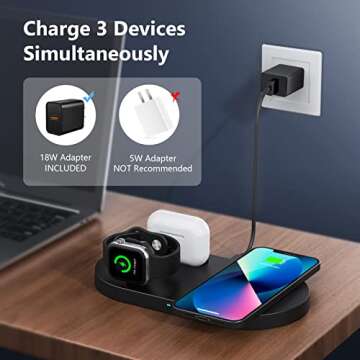 Wireless Charger, 3 in 1 Wireless Charging Station Compatible with iPhone 14/13/12/11 Pro Max/XS MAX/XR/XS/X/8, 18W Fast Wireless Charging Pad for Apple Watch Series & AirPods 1/2 /Pro (with Adapter)