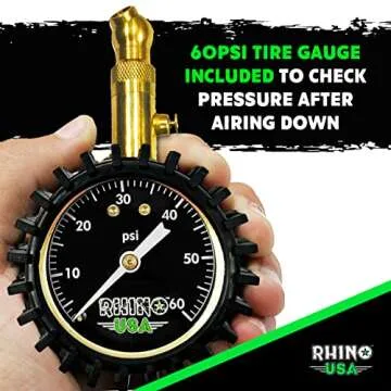 Rhino USA Adjustable Tire Deflators with Gauge (0-60psi) Calibrated & Automatic Tire Air Down Tool - Large 2" Easy Read Glow Dial & Solid Brass Hardware - Best Offroad Deflator for Jeep, Truck or ATV