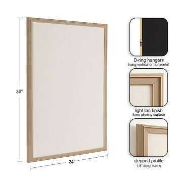 Kate and Laurel Oakhurst Rectangle Framed Linen Fabric Pinboard, 24 x 36, Light Tan, Traditional Decorative Bulletin Board with Stepped Profile and Lightly Distressed Finish