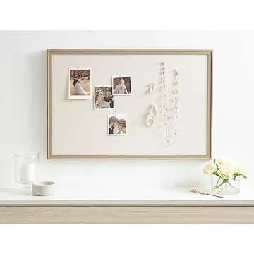 Kate and Laurel Oakhurst Rectangle Framed Linen Fabric Pinboard, 24 x 36, Light Tan, Traditional Decorative Bulletin Board with Stepped Profile and Lightly Distressed Finish