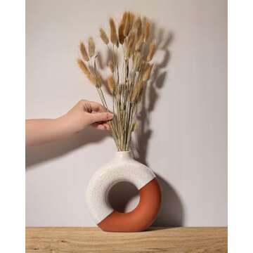 Circle Vase – White and Terracotta Donut Vase – Nordic Vase for Stylish Modern Minimalist Home Decor - Ceramic Vase for Pampas Grass - Geometric vase