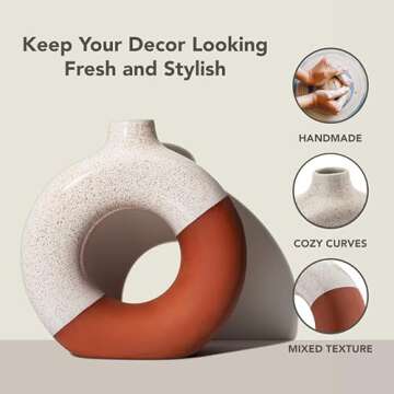 Circle Vase – White and Terracotta Donut Vase – Nordic Vase for Stylish Modern Minimalist Home Decor - Ceramic Vase for Pampas Grass - Geometric vase