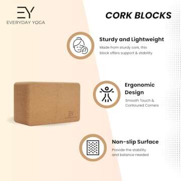 Everyday Yoga High Density Cork Wood Yoga Blocks - Improve Strength, Flexibility with Soft Brick Workout Handstand, Enhance Your Yoga Practice - Natural