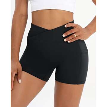 Workout Shorts for Women 2 Pcs Pack Cross Waist Active Gym Spandex Stretchy Yoga Compression with Side Pockets Black+Dark Green-M