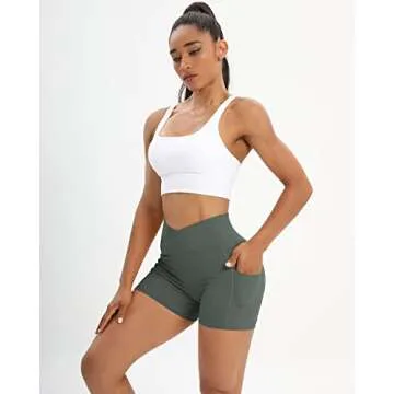 Workout Shorts for Women 2 Pcs Pack Cross Waist Active Gym Spandex Stretchy Yoga Compression with Side Pockets Black+Dark Green-M
