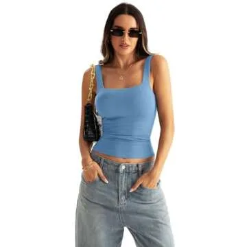 Eachyes Womens Square Neck Seamless Tank Tops Sleeveless Double Layering Shirts Fitted Going Out Tops Summer Outfits 2024 Blue Small