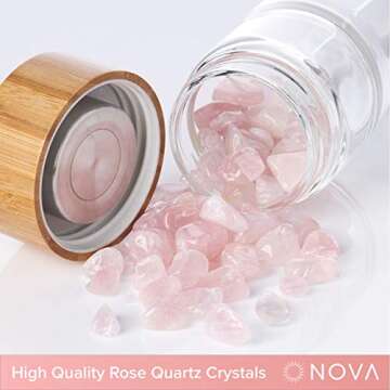 Nova Crystals 15 oz Bamboo Crystal Infused Water Bottles | Unique Gifts for Women | Water Bottles with Crystals Inside | + Protective Sleeve + Removable Crystals (Rose Quartz)