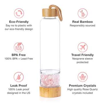 Nova Crystals 15 oz Bamboo Crystal Infused Water Bottles | Unique Gifts for Women | Water Bottles with Crystals Inside | + Protective Sleeve + Removable Crystals (Rose Quartz)