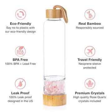 Nova Crystals 15 oz Bamboo Crystal Infused Water Bottles | Unique Gifts for Women | Water Bottles with Crystals Inside | + Protective Sleeve + Removable Crystals (Rose Quartz)