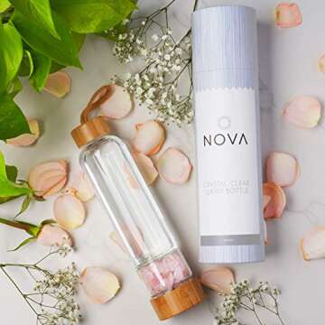 Nova Crystals 15 oz Bamboo Crystal Infused Water Bottles | Unique Gifts for Women | Water Bottles with Crystals Inside | + Protective Sleeve + Removable Crystals (Rose Quartz)