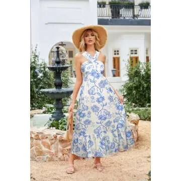 GRACE KARIN 2025 Women's Criss Cross Halterneck Sleeveless Summer Floral Print Flowy A Line Maxi Dress