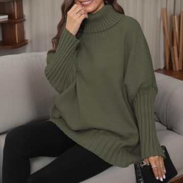 Pullocardi Fall Sweaters for Women 2024 Oversized Batwing Sweaters for Women Turtleneck Sweater with Long Sleeve, Army Green
