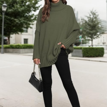 Pullocardi Fall Sweaters for Women 2024 Oversized Batwing Sweaters for Women Turtleneck Sweater with Long Sleeve, Army Green