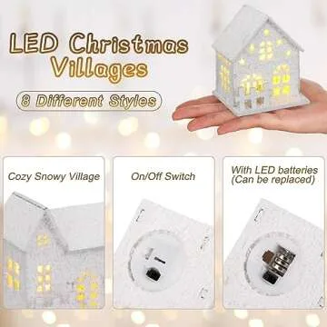 Fovths 35 Pieces Christmas Village Sets Lighted LED Village Houses Accessories with Artificial Fake Snow and Mini Figurine Desktop Ornament Winter Village Buildings for Christmas Home Table Decor