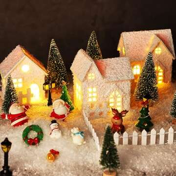 Fovths 35 Pieces Christmas Village Sets Lighted LED Village Houses Accessories with Artificial Fake Snow and Mini Figurine Desktop Ornament Winter Village Buildings for Christmas Home Table Decor