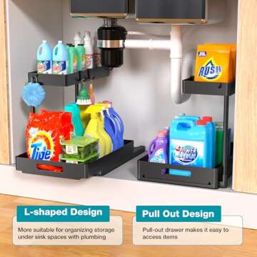JWQ Under Sink Organizer 2 Pack, Pull Out L-Shaped Bathroom Kitchen Sink Organizers and Storage, Ver...