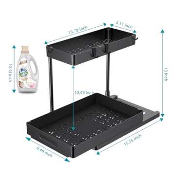 JWQ Under Sink Organizer 2 Pack, Pull Out L-Shaped Bathroom Kitchen Sink Organizers and Storage, Versatile 2 Tier Under Sink Cabinet Drawer Shelf, Bathroom Accessories and Kitchen Essentials, Black