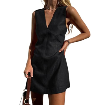 CHARTOU Women's Summer Sleeveless Mini Dress Cotton Linen V Neck Cinched A Line Slim Tank Short Dres...