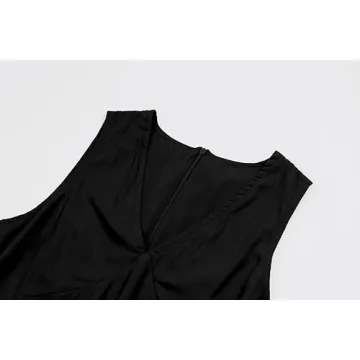 CHARTOU Women's Summer Sleeveless Mini Dress Cotton Linen V Neck Cinched A Line Slim Tank Short Dress (X-Large, Black)