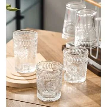 Kingrol 6 Pack 12 oz Romantic Water Glasses, Premium Drinking Glasses Tumblers, Vintage Glassware Set for Juice, Beverages, Beer, Cocktail